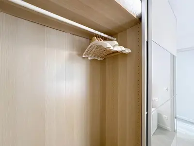 a closet with wooden walls and a door with hangers at Azur Stay in Nice