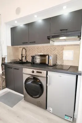 a kitchen with a washing machine and a sink at Cozy studio in Nice Désambrois in Nice