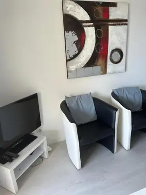a living room with two chairs and a television at Appartement vue mer CALIFORNIE PROMENADE DES ANGLAIS in Nice
