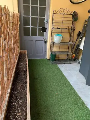 a yard with green grass next to a door at 3 pièces près du Port de Nice in Nice