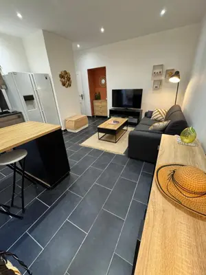 a living room with a couch and a table at Joli 2 pièces avec terrasse en centre ville in Nice