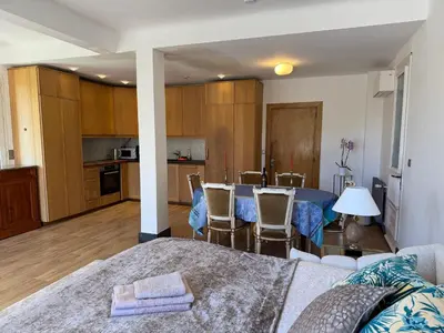 a living room with a bed and a kitchen at Magnifique studio entier avec terrasse Saint Jean Cap Ferrat in Saint-Jean-Cap-Ferrat