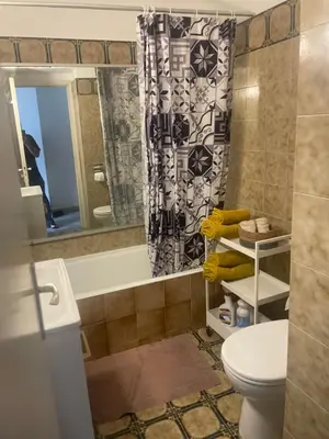a bathroom with a toilet and a shower curtain at Studio 112 in Nice