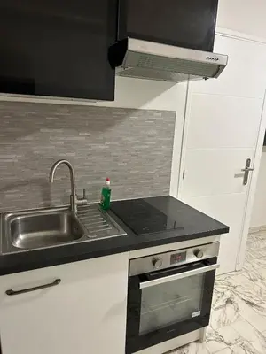 a kitchen with a sink and a stove and a sink at Deux pièces au centre-ville proche des plages et centres commerciaux in Saint-Laurent-du-Var