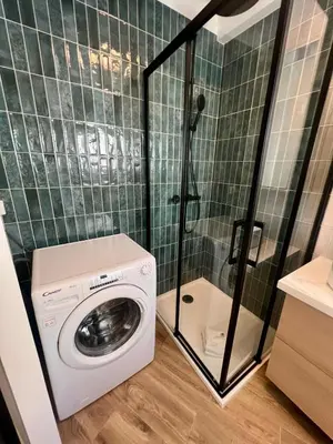 a washing machine in a bathroom with a shower at Appartement Vue Mer T2 Cosy, Plage à pied 3 mins, Coucher de Soleil, Parc privé in Nice