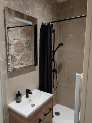 a bathroom with a shower and a white sink at Cosy Mezzanine Studio - Nice Notre Dame - 10 min Promenade in Nice