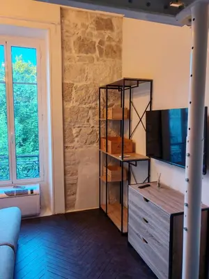 a living room with a stone wall and a television at Cosy Mezzanine Studio - Nice Notre Dame - 10 min Promenade in Nice