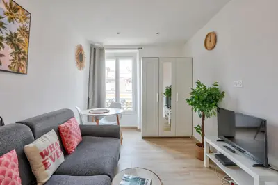 a living room with a couch and a tv at Magnifique studio en plein centre de Nice in Nice