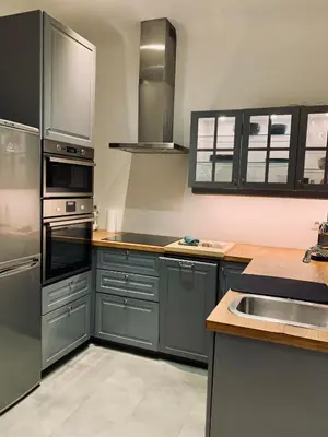 a kitchen with gray cabinets and stainless steel appliances at Cocon chic au cœur de la ville in Nice