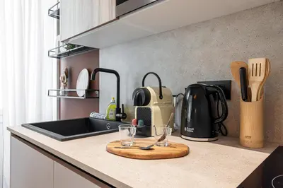 a kitchen with a counter with a sink and a coffee maker at 5 BEAUMONT - Magnifique 3P au style boheme - Quartier Garibaldi in Nice