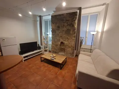 a living room with a couch and a stone fireplace at Studio Carré d 'Or - 5 minutes de la mer in Nice