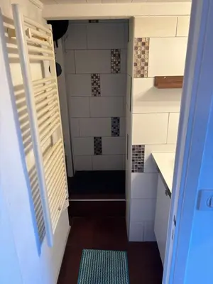 a small bathroom with a toilet and a shower at Cosy Rooftop Studio Nice Centre in Nice
