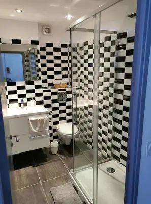 a bathroom with a glass shower and a toilet at Location 2p Nice Centre in Nice