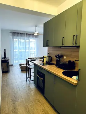 a kitchen with green cabinets and a counter top at F1 Cozy, 150m de la mer in Cagnes-sur-Mer