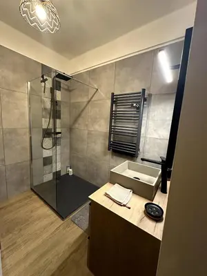 a bathroom with a sink and a shower at F1 Cozy, 150m de la mer in Cagnes-sur-Mer