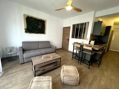 a living room with a couch and a table at F1 Cozy, 150m de la mer in Cagnes-sur-Mer