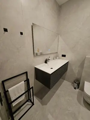 a bathroom with a sink and a mirror and a toilet at Paganini 3bd Apartment in Nice