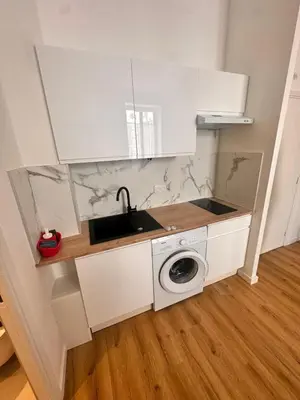 a kitchen with a sink and a washing machine at Studio Smile FSHH in Nice