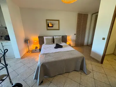 a bedroom with a bed and a mirror on the wall at Villa Baie Des Anges in Nice