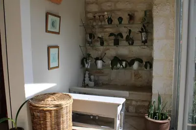 a room with a bench and shelves with plants at Magnifique Villa sur les collines de Nice, 6 Pièces, clim, barbecue, sauna et hammam in Nice