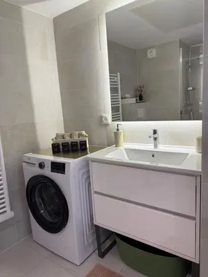 a bathroom with a washing machine and a sink at Piscine Rooftop Résidence Neuve in Saint-Laurent-du-Var