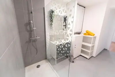 a bathroom with a shower with a glass door at Grand appartement idéal famille, proche plage, bon emplacement pour visiter la Côte d'Azur in Nice