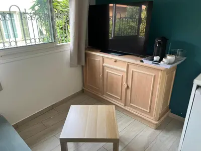 a living room with a tv and a coffee table at Studio du Domaine du Piol in Nice