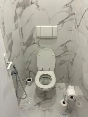 a bathroom with a white toilet and marble walls at Nice vauban in Nice