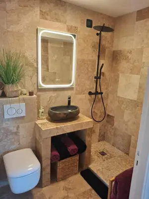 a bathroom with a sink and a toilet at Lovely apartment with private garden and a swimming-pool in Nice