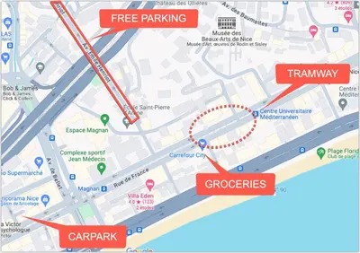 a map of the city of prague with red pointers at Easy and accessible beach flat near the university in Nice