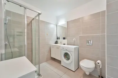 a bathroom with a washing machine and a toilet at Lovely 1BR with garden, private parking & Sea View in Nice