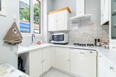 a kitchen with white cabinets and a microwave at La Terrasse de Bracco in Beaulieu-sur-Mer
