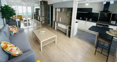a living room with a couch and a table in a kitchen at Bel appartement spacieux avec joli balcon arboré, calme, bien situé, centre ville in Nice
