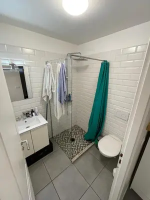 a bathroom with a shower with a toilet and a sink at Room in city Nice in Nice