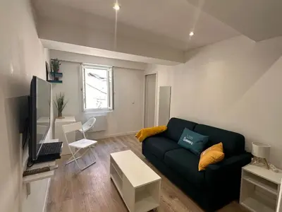 a living room with a black couch and a tv at Appartement rénové Vieux Nice in Nice