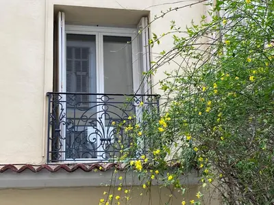 a window with a balcony with yellow flowers on it at Plage et Salsa, Nice Promenade des anglais in Nice