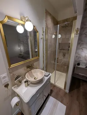 a bathroom with a sink and a shower at Beautiful luxurious apartment in Nice