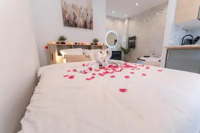 a bed with pink rose petals on it at Nice Port studio avec grande baignoire in Nice