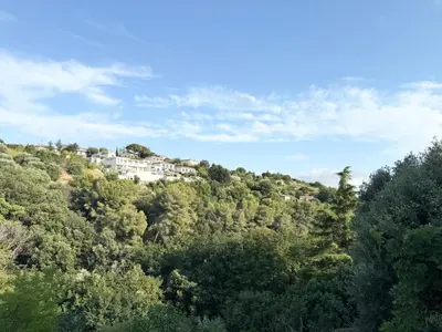 a house on top of a hill with trees at Charmant chalet avec jardin in Nice
