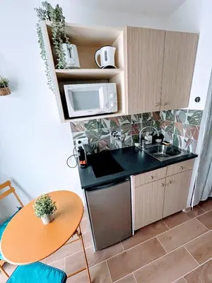 a small kitchen with a sink and a microwave at Studio avec balnéo proche plage in Nice