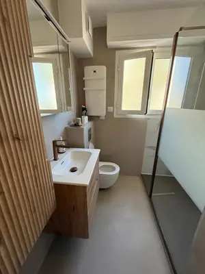 a bathroom with a sink and a toilet and windows at Le Cormoran bord de mer in Saint-Laurent-du-Var