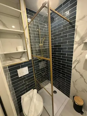 a bathroom with a toilet and a glass shower at MASSENA 42 in Nice