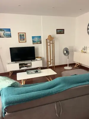 a living room with a tv and a couch and a table at cosy appartement in Nice