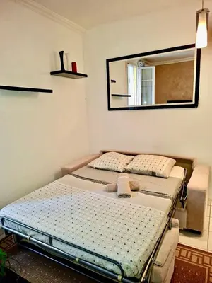 a bedroom with two beds and a mirror at 2 Pièces en étage au Centre-ville de Nice in Nice