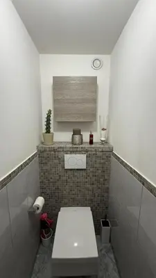 a bathroom with a white toilet in a room at Modern apartment with sunny terrace in Nice