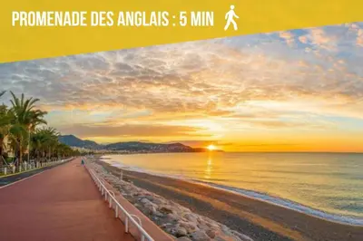 a picture of a beach at sunset with the words promote des angels at Charmant appartement avec balcon, près de la plage et Promenade des Anglais in Nice
