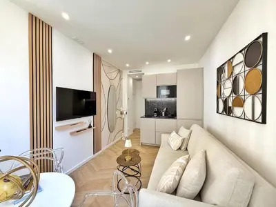 a living room with a couch and a tv at Studio sur la promenade des anglais in Nice