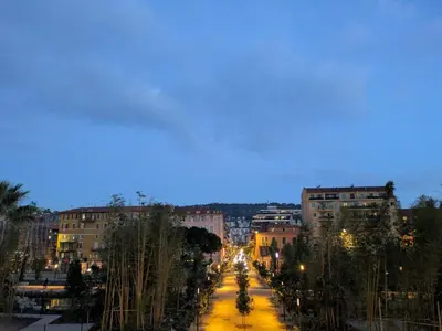 a view of a city street at night at Palais des arts in Nice