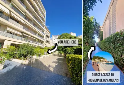 two pictures of a building and a street with a sign at Nestor&Jeeves - MANEL - Terrasse et acces direct Promenade des Anglais in Nice