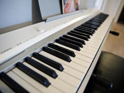 an electronic keyboard with black and white keys at 
